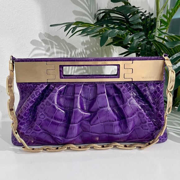 Versace Handbags - Versace F/W 2008 Purple Crocodile Embossed Leather & Gold Metal Clutch